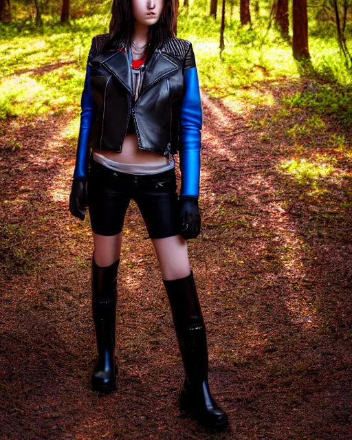 Image similar to hyperrealistic mithra young girl intricate black flat boots and leather jacket in a forest sun behind her concept art eric zener elson peter cinematic blue light low angle hd 8k sharp shallow depth of field