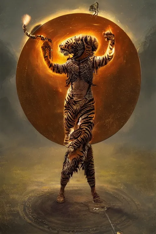 Image similar to a humanoid tiger king stands on a magical circle by greg rutkowski, magic realism, hyper realistic, 2 0 0 mm lens