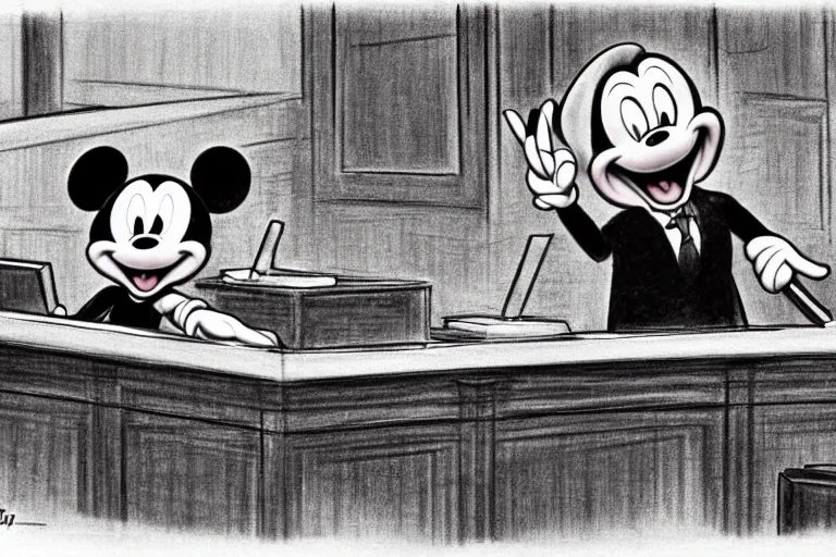 Image similar to detailed background courtroom sketch of vintage disney character lawyer mickey mouse presenting evidence of copyright infringement to the judge bench court room wooden serious dark tone
