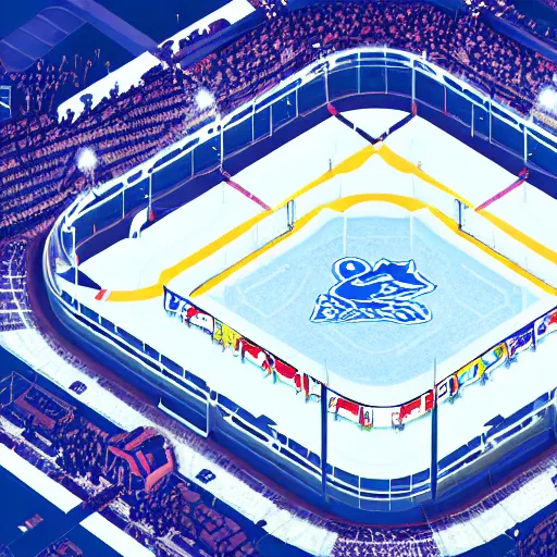 Prompt: Huge hockey arena game illustration, aerial view, isometric Voxel, pixel art, Blizzard, EASports, intricate, elegant, highly detailed, digital painting, artstation, concept art, smooth, sharp focus, art by Roman Klco and Shadow Run, brightly lit cinematic soft lighting, photorealistic