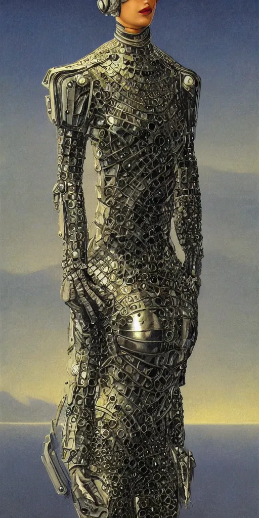 Image similar to full body portrait of beautiful gothic and futuristic fashion model, elegant space armour, cyber armour, highly detailed, artstation, illustration, composition, 8 k quality, art by jean delville, rene magritte, hyperrealism oil painting