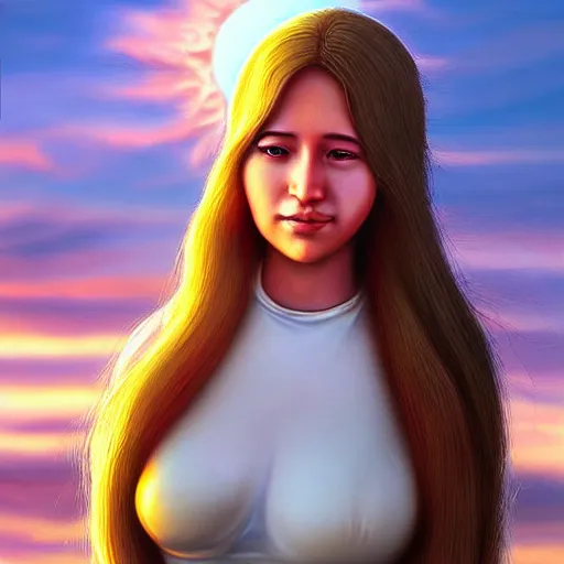 Prompt: a realistic digital photo of virgin mary as sunset cloud by artgerm