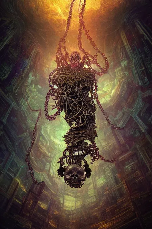 Prompt: psychedelic skeleton with trinket necklace, looking upward, epic angle and pose, reflective pool, symmetrical artwork, ayahuasca, translucent, fungus, energy flows of water and fire, highly detailed, epic cinematic concept art, excellent composition, dystopian brutalist atmosphere, dynamic dramatic lighting, aesthetic, very inspirational, arthouse, Greg Rutkowski, Artgerm