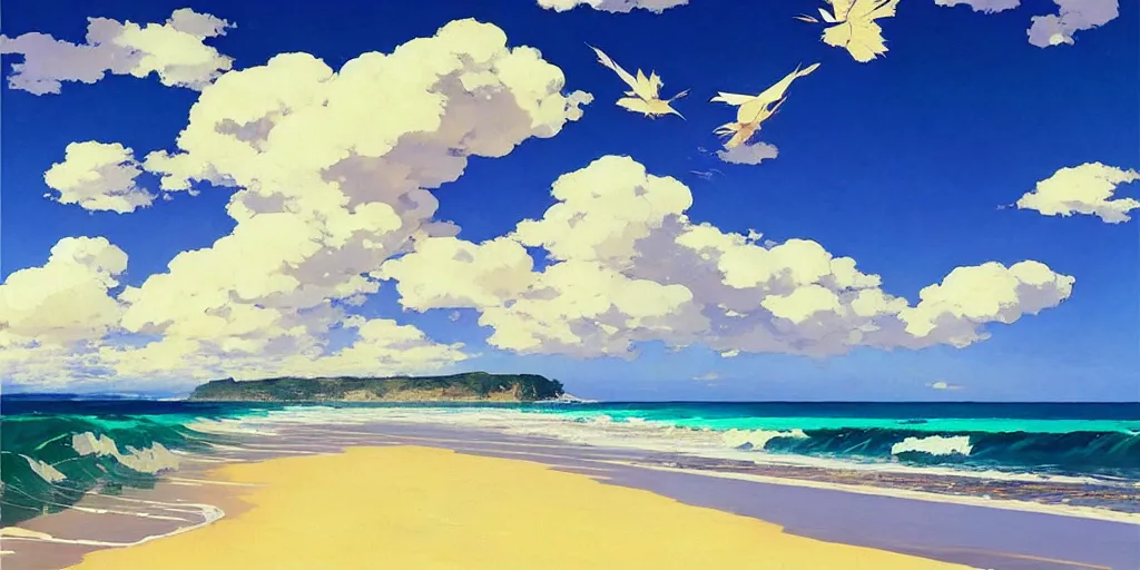 Prompt: Australian beach, clouds and wings and waves, by studio ghibli painting, by Joaquin Sorolla rhads Leyendecker, An aesthetically pleasing, dynamic, energetic, lively, well-designed digital art of a beach, ripples, waves, sea foam, light and shadow, ocean caustics, overlaid with aizome patterns, by Ohara Koson and Thomas Kinkade, traditional Japanese colors, superior quality, masterpiece