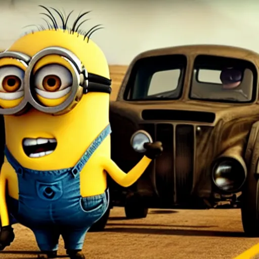 Image similar to a still of minions driving cars in mad max movie, highly detailed cinematography, cinematic, marvel cinematic