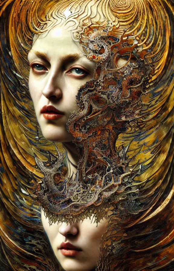 Prompt: divine chaos engine by karol bak and ruan jia and vincent van gogh, iris van herpen hell horror dreams, symbolism, imagination, daydreams and nightmares, otherworldly, ethereal, fractal lace, ornate gothic organic filament