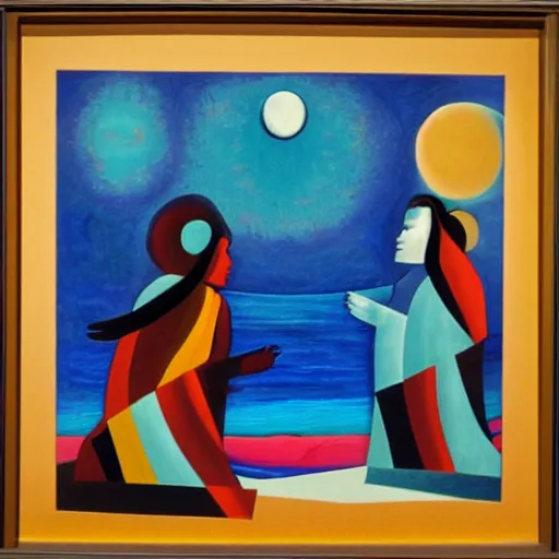 Prompt: two Native American Women in the moonlight dancing by the ocean , high quality art in the style of cubism and georgia o’keefe,