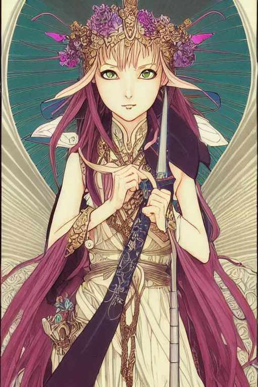 Prompt: portrait of a elegant female elven knight, detailed, yuya nagai, last exile, loish, murata range, kawaii, vibrant bright colors, lodoss, japanese, beautiful, dreamy, alphonse mucha, 1980s, gradation, jean giraud, high saturation, fantasy, makoto shinkai