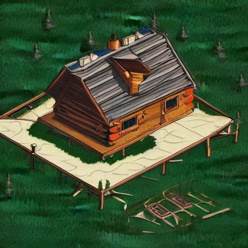 Image similar to concept art of a cabin in the woods, isometric view, unreal engine