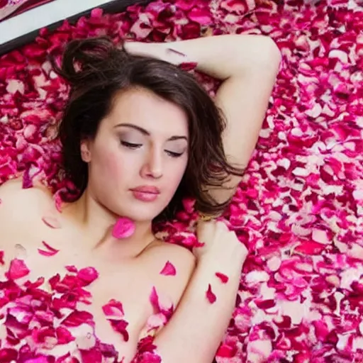 Prompt: a pretty woman lying in a bed that's covered in rose petals,