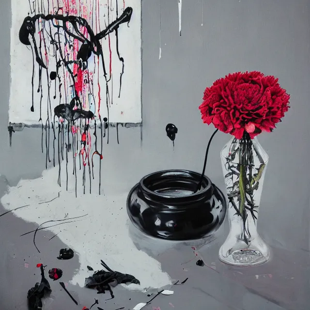 Prompt: empty room with black walls, sensual portrait of a female pathologist, broken vase, spilled flowers, puddle of water, octopus, squashed berries, neo - expressionism, surrealism, acrylic and spray paint and oilstick on canvas