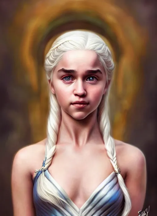 Image similar to photo of a gorgeous young happy daenerys targaryen in the style of stefan kostic, realistic, professionally, professionally color graded, half body shot, sharp focus, 8 k high definition, insanely detailed, intricate, elegant, art by stanley lau and artgerm
