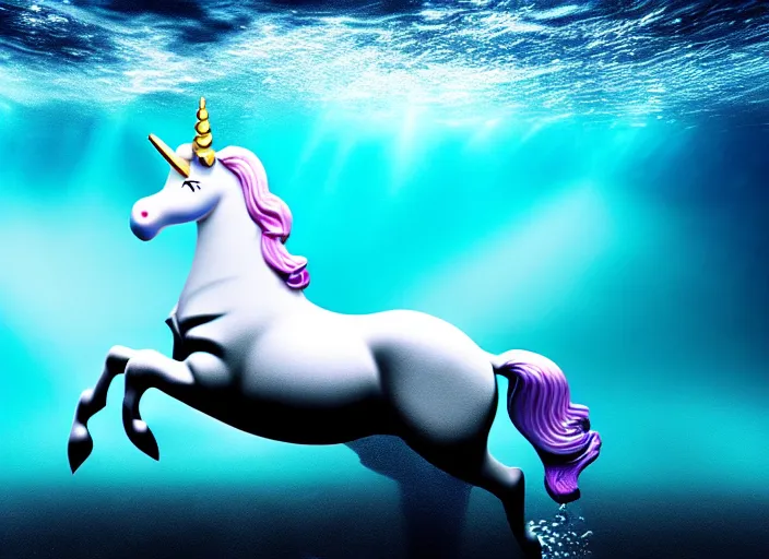 Image similar to under water unicorn, water light scattering, underwater photography, high details, 8 k, realistic shot, cinematic lighting