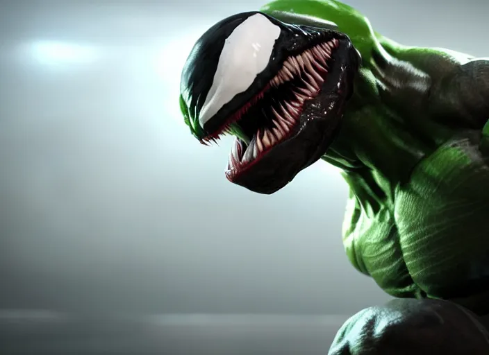 Image similar to venom fused with hulk, ultra realistic 4 k unreal engine very cinematic render with ray tracing bloom ambient occlusion strong reflections depth of field fog