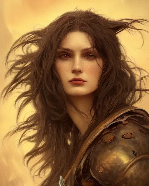 Image similar to fantasy art, unsplash, deviantart, close up portrait of a ruggedly female witch, soft hair, half body, leather, d & d, fantasy, intricate, elegant, highly detailed, digital painting, artstation, concept art, smooth, sharp focus, illustration, art by artgerm and greg rutkowski and alphonse mucha