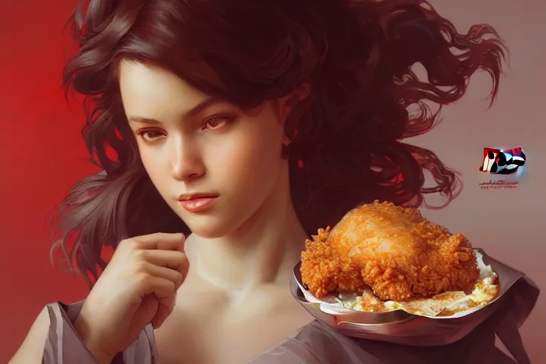 Image similar to kfc chicken, portrait, elegant, intricate, digital painting, artstation, concept art, smooth, sharp focus, illustration, art by artgerm and greg rutkowski and alphonse mucha