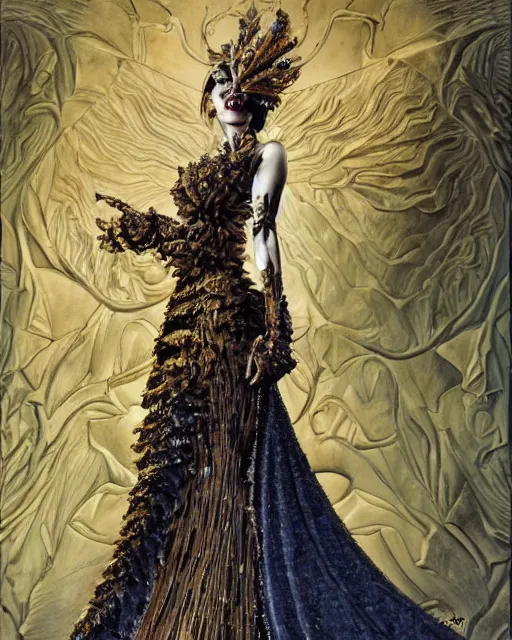 Prompt: fashion model walking down a catwalk, elaborate dress by alexander mcqueen, detailed face, beautiful feminine face, art by michael whelan and chris moore and howard david johnson and tim white and dan giancola