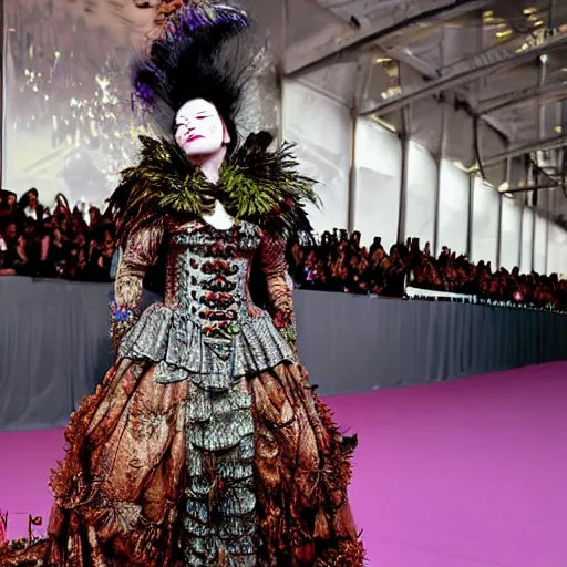 Prompt: bjork in a gown inspired by steampunk flowerpunk afterlife