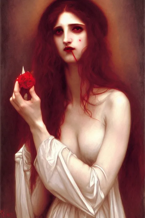 Image similar to vampire in big hate, painting by rossetti bouguereau, detailed art, artstation