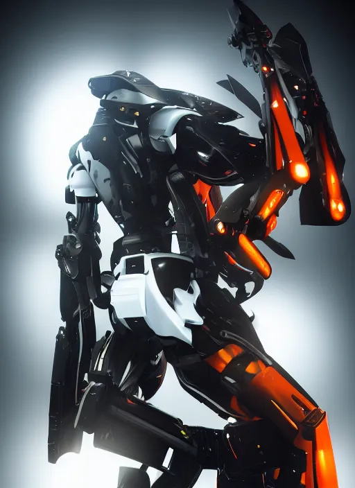 Image similar to a Photorealistic dramatic hyperrealistic full frame render of a Sleek futuristic exosuit Freedom Formula Racing Mech,Ultra realistic details,glossy white metal,Orange racing stripes,weathered surfaces,by Hidetaka Tenjin,Yoh Yoshinori,Yoji Shinkawa,Masamune Shirow,Beautiful dramatic dark moody tones and lighting,cinematic atmosphere,studio lighting,shadows,dark background, Octane render,8K