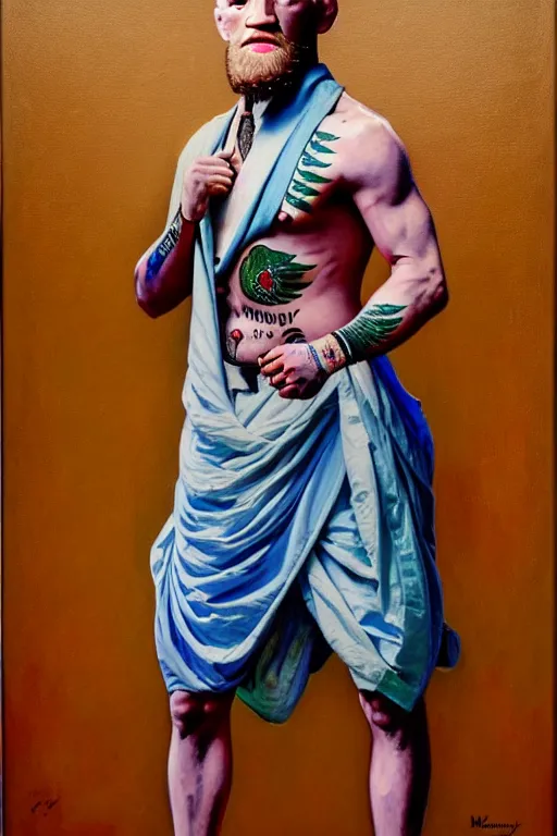 Image similar to full body portrait of conor mcgregor as mahatma gandhi, oil on canvas by william sidney mount, hindu art, great soul, irish folk, trending on artstation