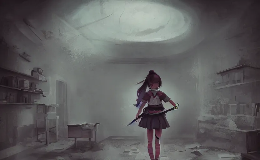 Prompt: School girl holding a katana and standing on an abandoned hospital room, horror sccene. By William-Adolphe Bouguerea, Jordan grimmer, fractal flame. Highly_detailded