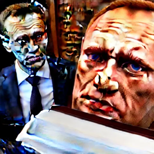 Image similar to alexey navalny takes a selfie in front of dead rotten face of putin in coffin, insane details, clear face and eyes, textured, 8 k, professional photography