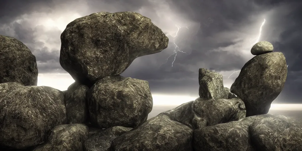 Image similar to Photorealistic epic landscape with magically floating rocks, with ominous storm clouds, strange levitating stones, stones falling from the sky, a gentle rising mist. Strange dark monks perform a ritual. Magical symbols float above them. occult photorealism, UHD, amazing depth, glowing, golden ratio, 3D octane cycle unreal engine 5, volumetric lighting, cinematic lighting, cgstation artstation concept art