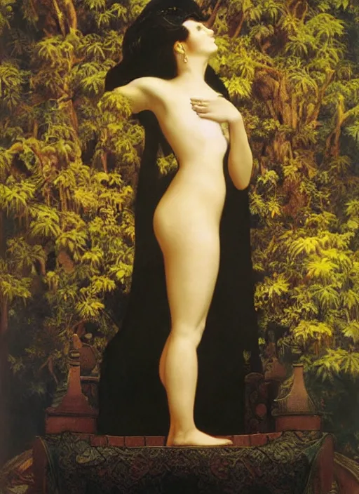 Image similar to an oil painting a queen with dark hair and white fair skin standing on a throne by maxfield parrish, highly detailed, realistic, realism, oil painting, 1 9 th