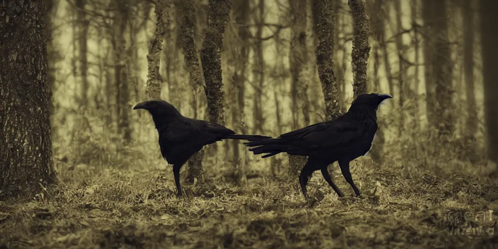 Image similar to mixture between an!! crow and! wolf, photograph captured in a dark forest