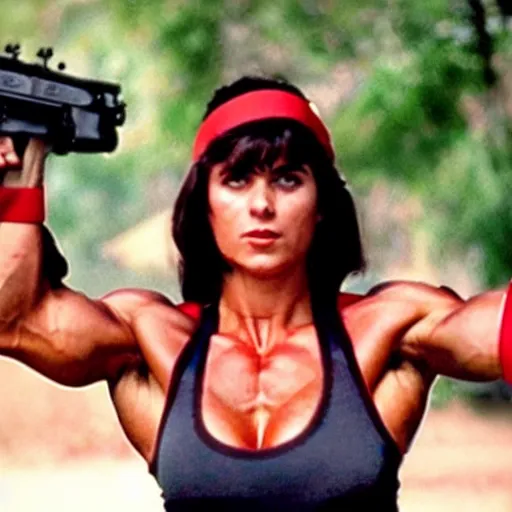 Image similar to Female Rambo, muscular woman with red headband and machine gun, 1983 cinematic