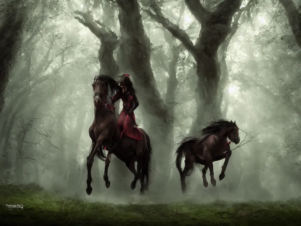 Image similar to a female beauty with red cap rides on a strong black horse slowly through a dense misty green oak and beech forrest, rays of life, cinematic, fantasy art, moody morning light, cryengine, trending on artstation, by cynthia sheppard, by naoto hatori, by tyler jacobson, by john howe, by ridley scott, by peter jackson, by chris rahn