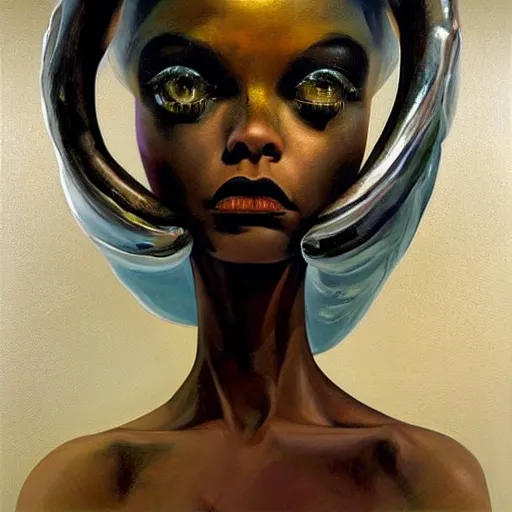 Prompt: a hyper realistic painting of an alien princess, metal headdress, by michael carson, highly detailed, vivid color,