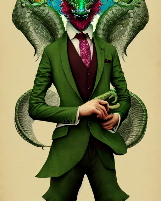 Image similar to anthropomorphic art of a businessman dragon, green dragon, portrait, victorian inspired clothing by artgerm, victo ngai, ryohei hase, artstation. fractal papers, newspaper. stock certificate, highly detailed digital painting, smooth, global illumination, fantasy art, jc leyendecker