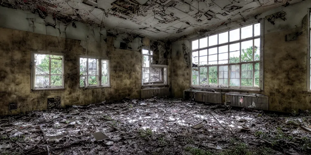 Prompt: abandoned school, overgrown, dystopian, run-down 8k