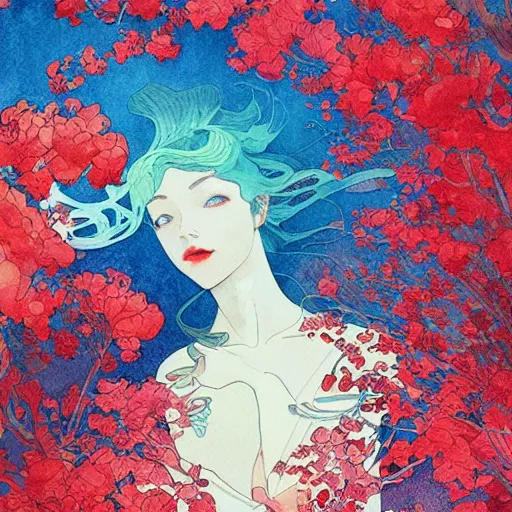 Image similar to a beautiful and inspiring intricate watercolor illustration artwork red robin trees, 4 k, ultra - wide angle, by william turner, by victo ngai, by alphonse mucha, by miho hirano, hd, trending on artstation, hyper detailed, muted colors, inspiring, beautiful, energetic