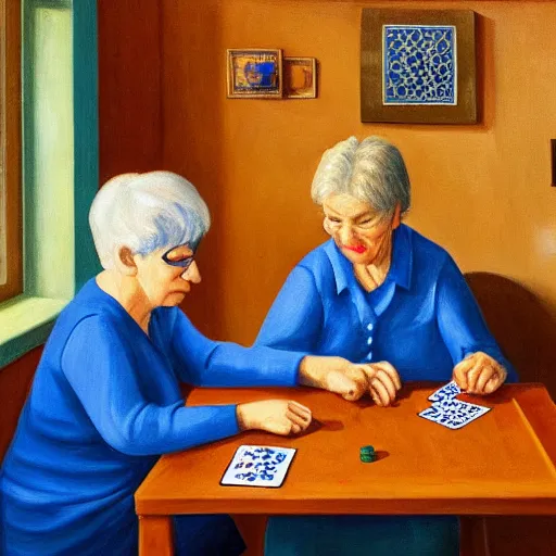 Prompt: 2 old ladies in a blue and brown shirt and a woman playing cards in a commieblock apartment, still life painting, high detail, oil painting