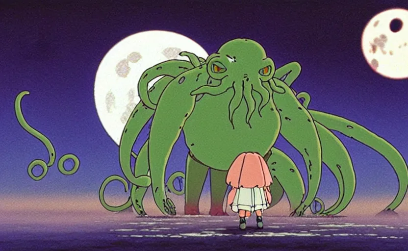 Image similar to a still from a studio ghibli movie of a cartoon cthulhu from princess mononoke ( 1 9 9 7 ) firing laser beams from its eyes in front of a pale full moon, full body, wide shot, very dull muted colors, studio ghibli, highly detailed, deviantart, art by artgem