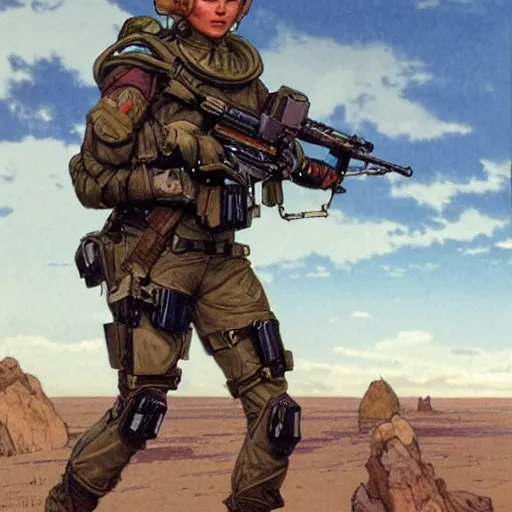 Image similar to Maria. USN special forces recon operator in near future gear, cybernetic enhancement, on patrol in the Australian neutral zone, Barren landscape. 2087. Concept art by James Gurney and Alphonso Mucha