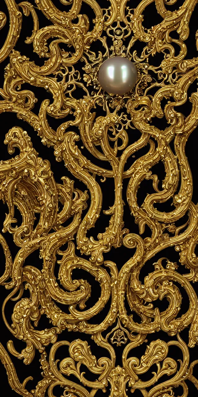 Prompt: subsurface scattering, seamless 3 d baroque gold and black pattern, beautiful dynamic shadows, gold silver iridescent pearls and swarovski crystals, symmetrical, rococo elements, damask, artstation, versace pattern, concept design art, octane render, 8 k