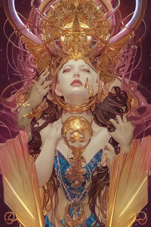 Prompt: the goddess of transcendence, by artgerm and yoshitaka amano and moebius and alphonse mucha, hyperdetailed, dc comics, ornate, nebula, explosions in the sky, trending on artstation