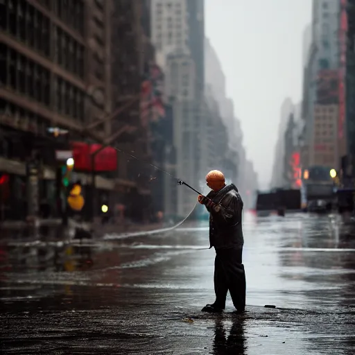 Image similar to closeup portrait of a man fishing in a puddle rainy new york street, by Steve McCurry and David Lazar, natural light, detailed face, CANON Eos C300, ƒ1.8, 35mm, 8K, medium-format print