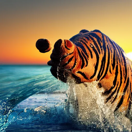 Prompt: a closeup photorealistic photograph of a cute smiling knitted tiger hippopotamus splashing in the surf at sunset. waves in background. professional capture. brightly lit scene. this 4 k hd image is trending on artstation, featured on behance, well - rendered, extra crisp, features intricate detail, epic composition and the style of unreal engine.