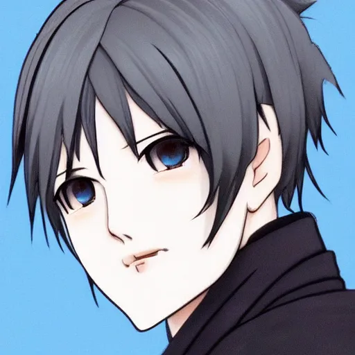 Image similar to an emotionless anime boy with silver hair that's slicked back and pure black eyes in anime art style, detailed