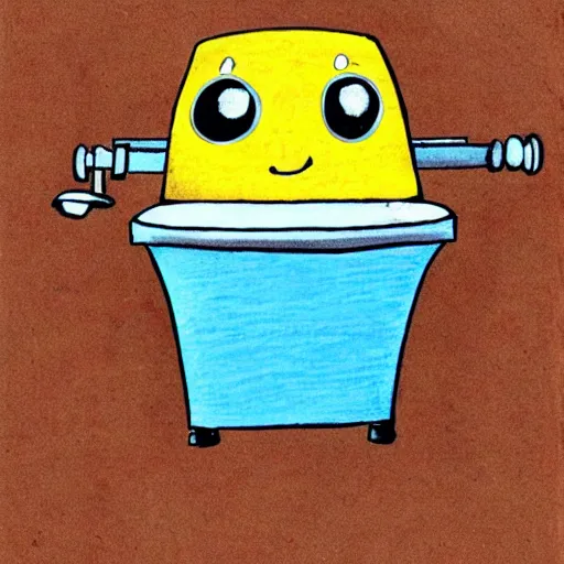 Image similar to an adorable toilet with eyes, kid's book drawing, kid drawing, children's book, infantile