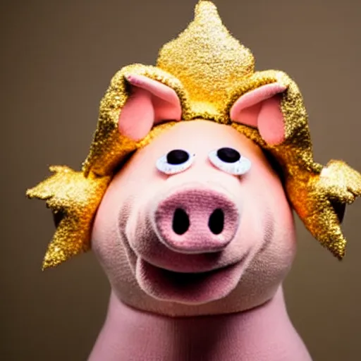 Prompt: studio photograph of a pig wearing a gold crown depicted as a muppet holding sign