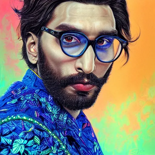 Image similar to portrait of ranveer singh, hyper detailed masterpiece, neon floral pattern, jean giraud, digital art painting, darkwave goth aesthetic, psychedelic, artgerm, donato giancola and tom bagshaw