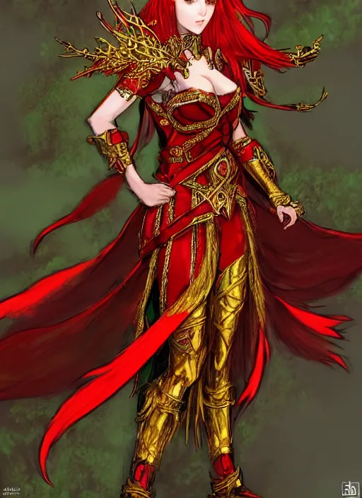 Image similar to Full body portrait of a beautiful red haired elven queen wearing red, green and gold ceremonial queen dress and elaborate golden crown. In style of Yoji Shinkawa and Hyung-tae Kim, trending on ArtStation, dark fantasy, great composition, concept art, highly detailed.