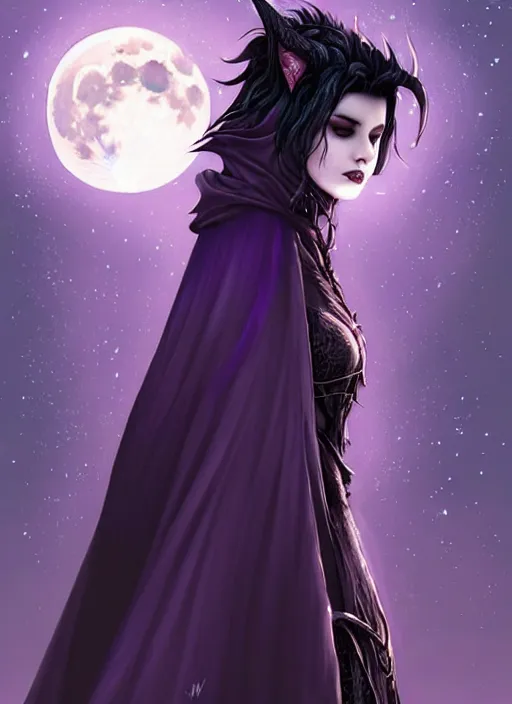 Prompt: moon in the background, side portrait dark witch!!!!!!!!!!, adventurer outfit large cloak, fantasy forest landscape, dragon scales, fantasy magic, undercut hairstyle, short purple black fade hair, dark light night, intricate, elegant, sharp focus, illustration, highly detailed, digital painting, concept art, matte, art by WLOP and Artgerm and Greg Rutkowski and Alphonse Mucha, masterpiece