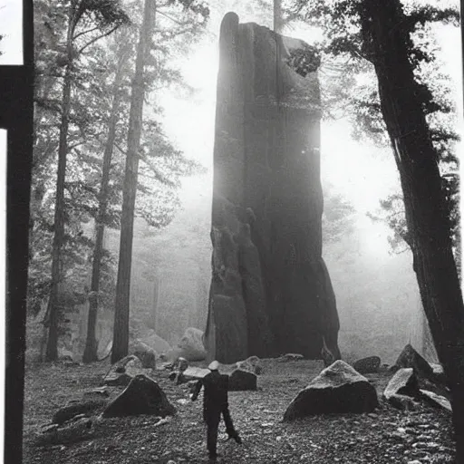 Image similar to old photograph of aliens surrounding a giant alien monolith in a haunted forest, epic composition